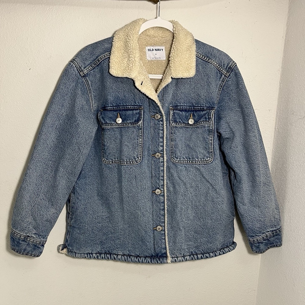 Old Navy Jean Jacket Unisex M Fleece Sherpa Lined & Collared Med Wash Trucker